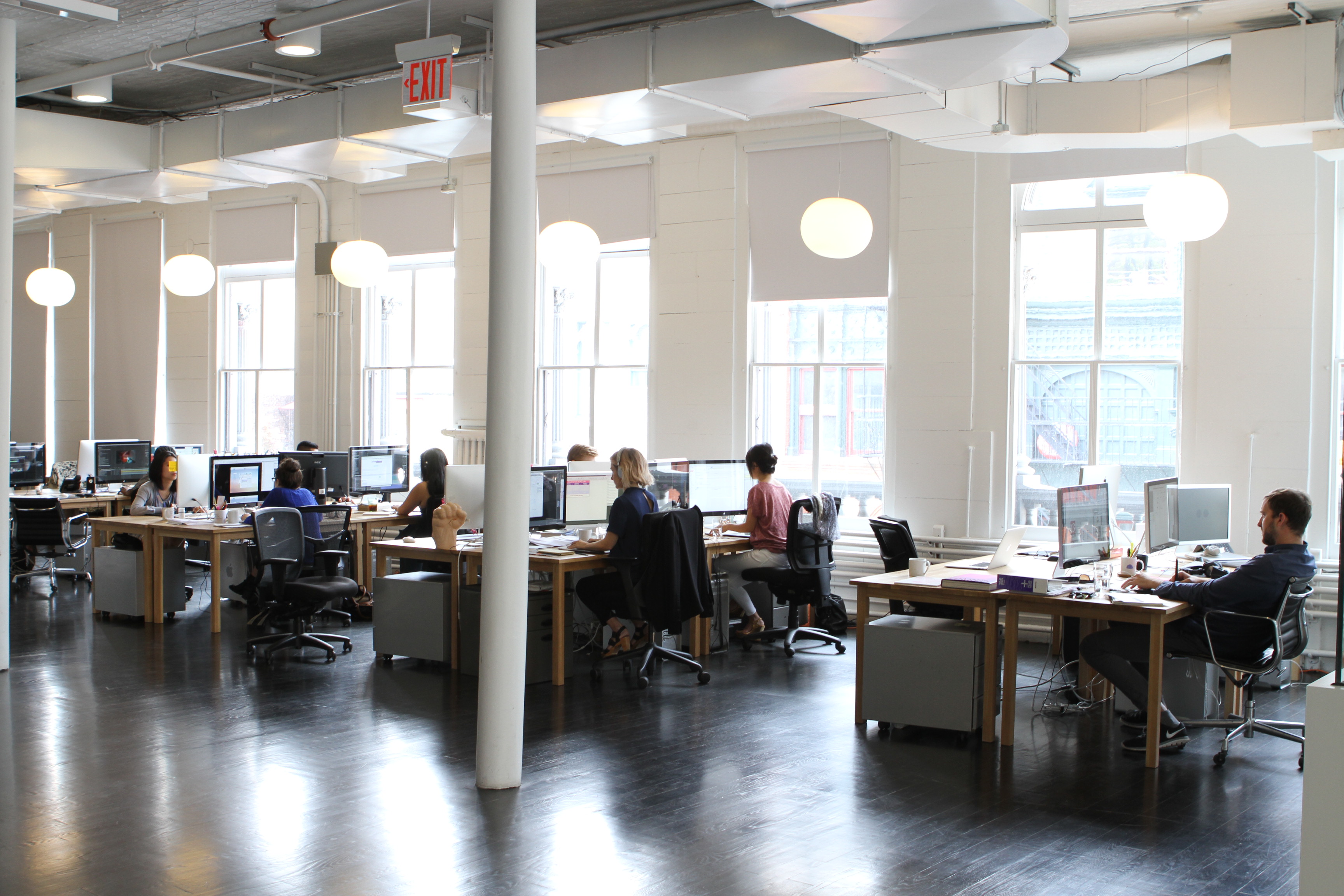 Calm professional office with people working at computers